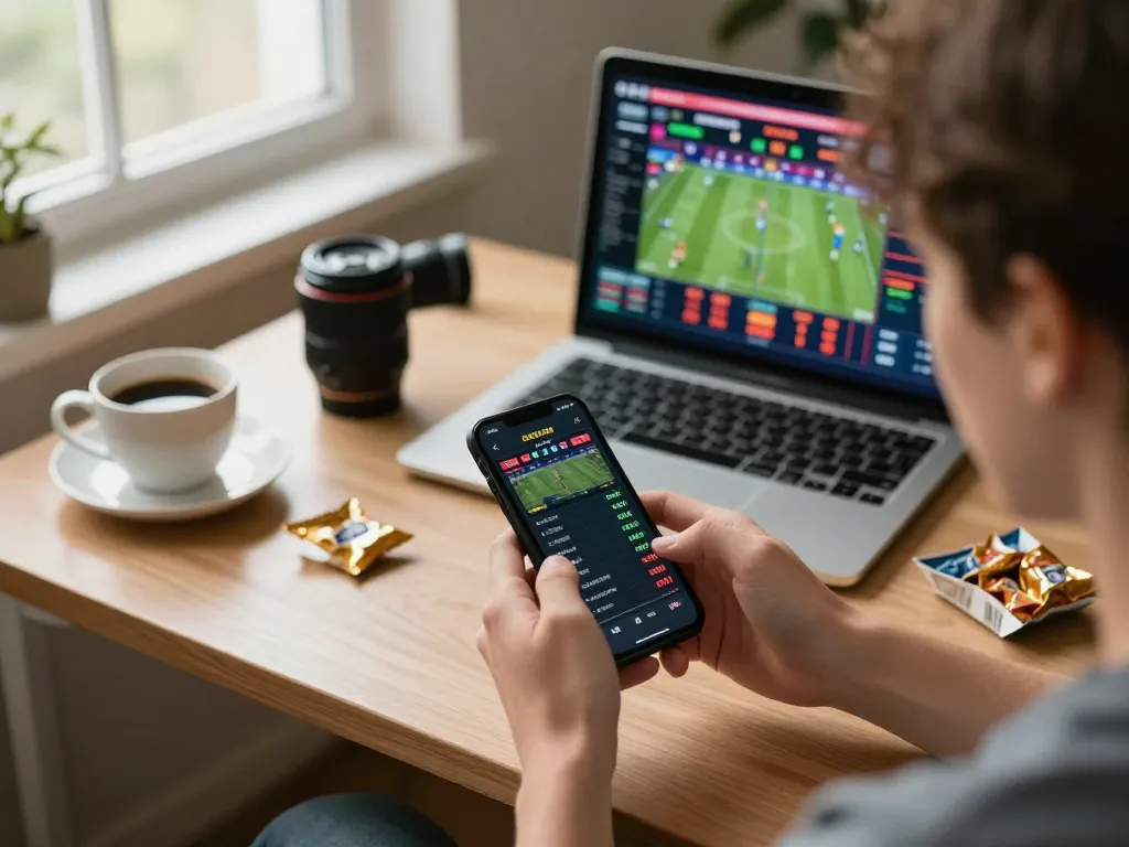 Person engaging in DEBET sports betting on smartphone, highlighting a focused and strategic approach to online gambling.