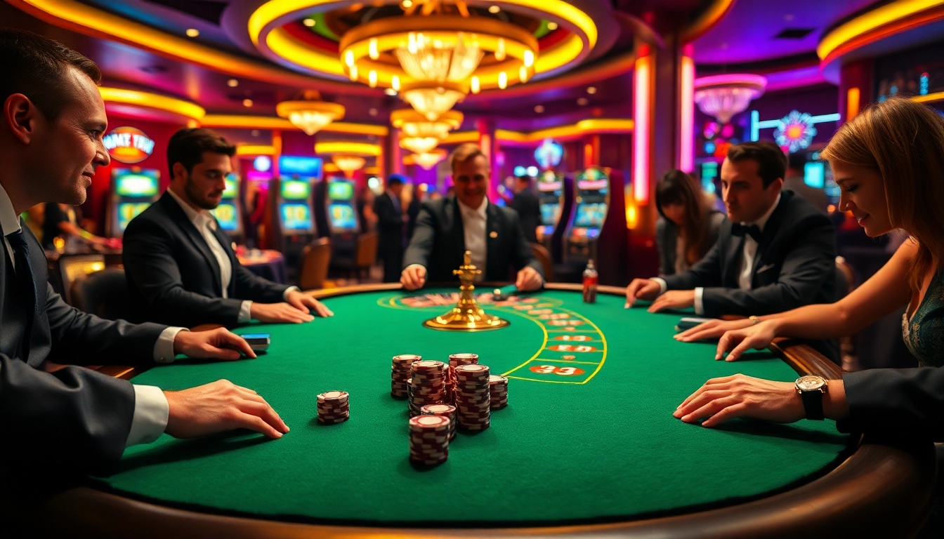 Experience high-stakes poker gameplay at https://vu88.tech/, showcasing vibrant casino elements in a luxurious setting.