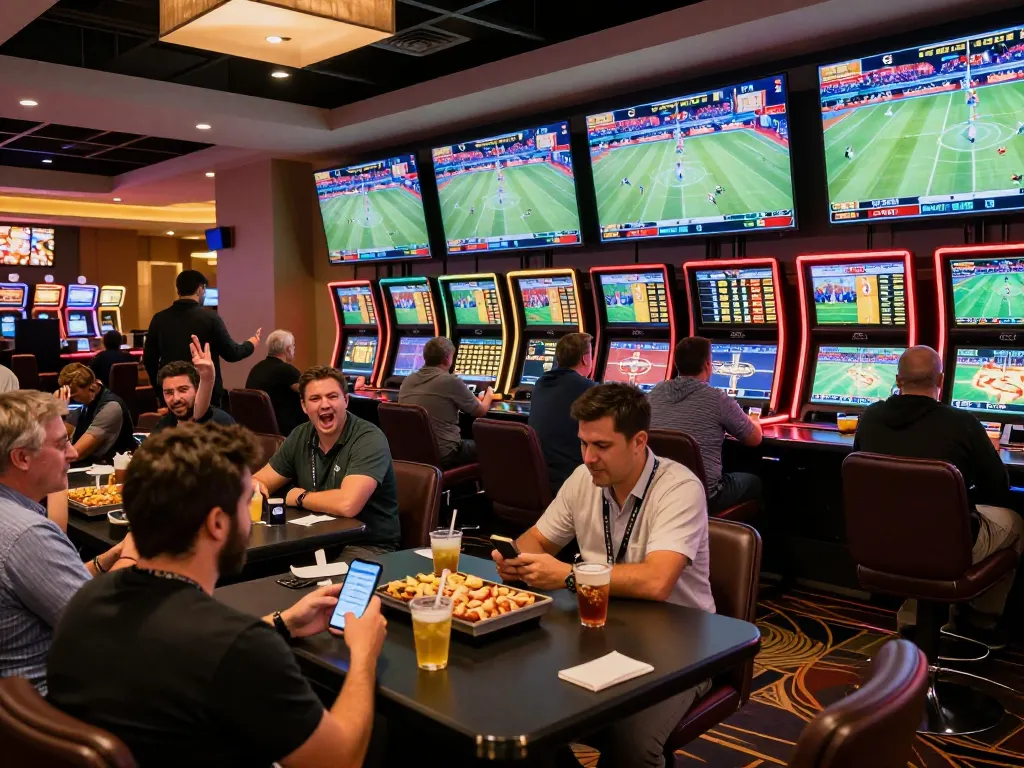 uk88 bettors analyzing odds in an exciting sportsbook environment with vibrant screens and engaged players