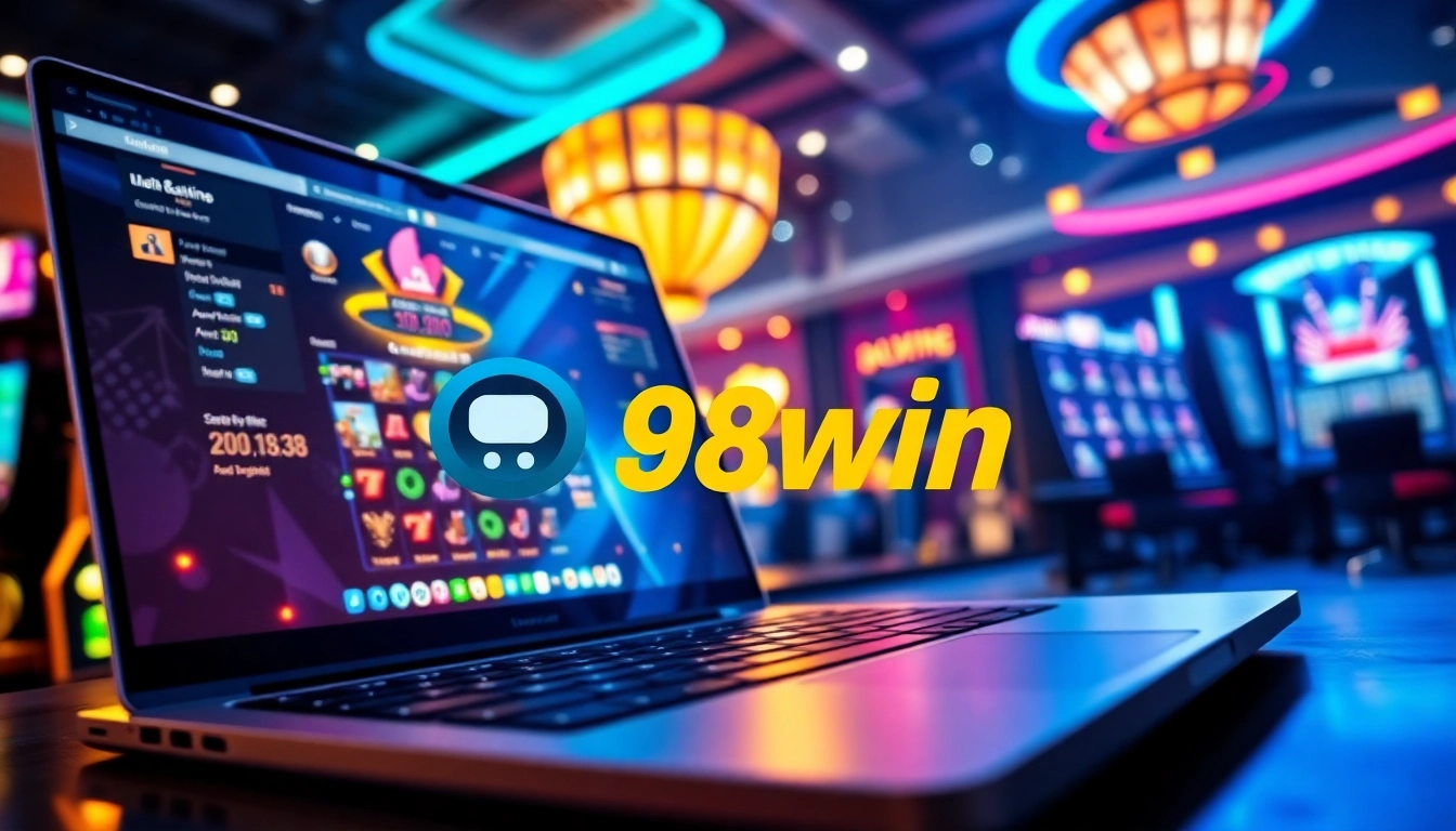 Experience the thrill of 98win's online casino with dynamic gaming interfaces and vibrant lighting.