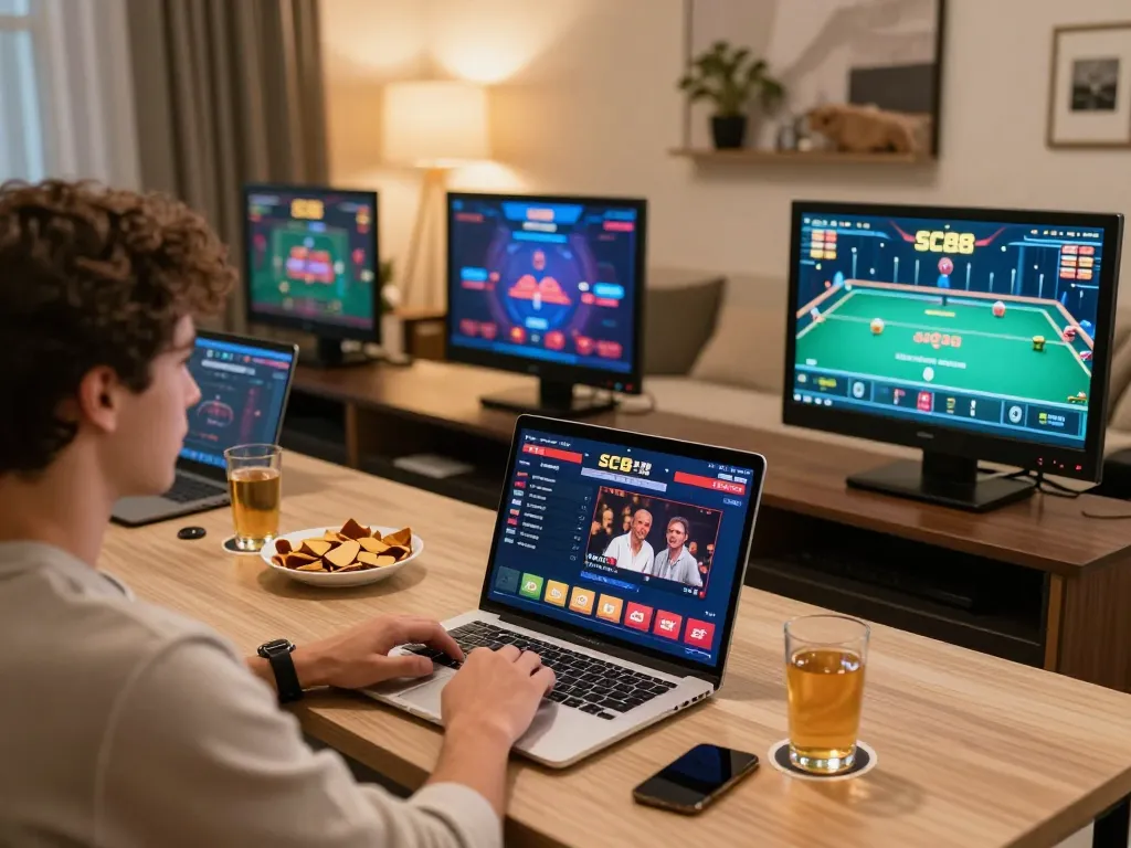 Engaging in SC88 online poker game from a cozy home setup with strategic focus and ambiance.