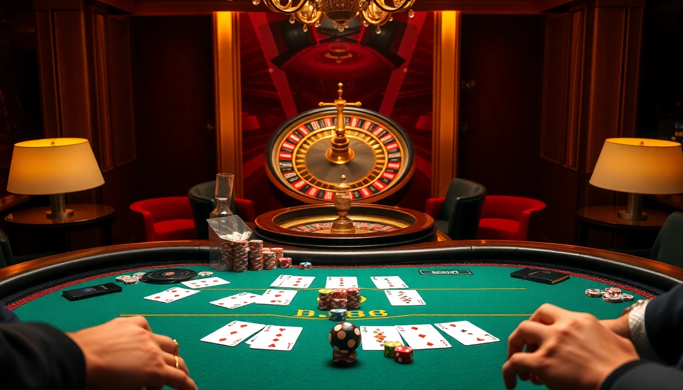 Engaging casino scene with BJ88 players at a blackjack table, vibrant cards, and immersive online gaming.
