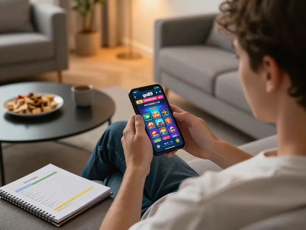 Engaging with go89 casino app while relaxing at home, showcasing modern mobile gaming experience