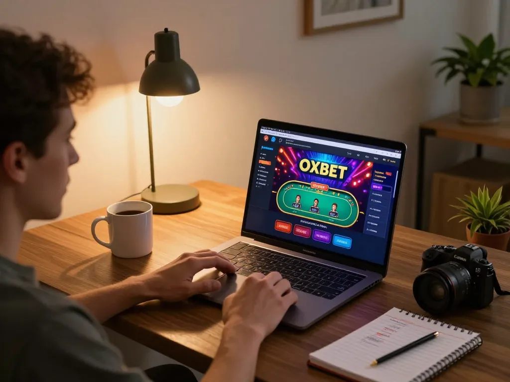 Player engaging in online gambling using OXBET interface on laptop in cozy home setting.