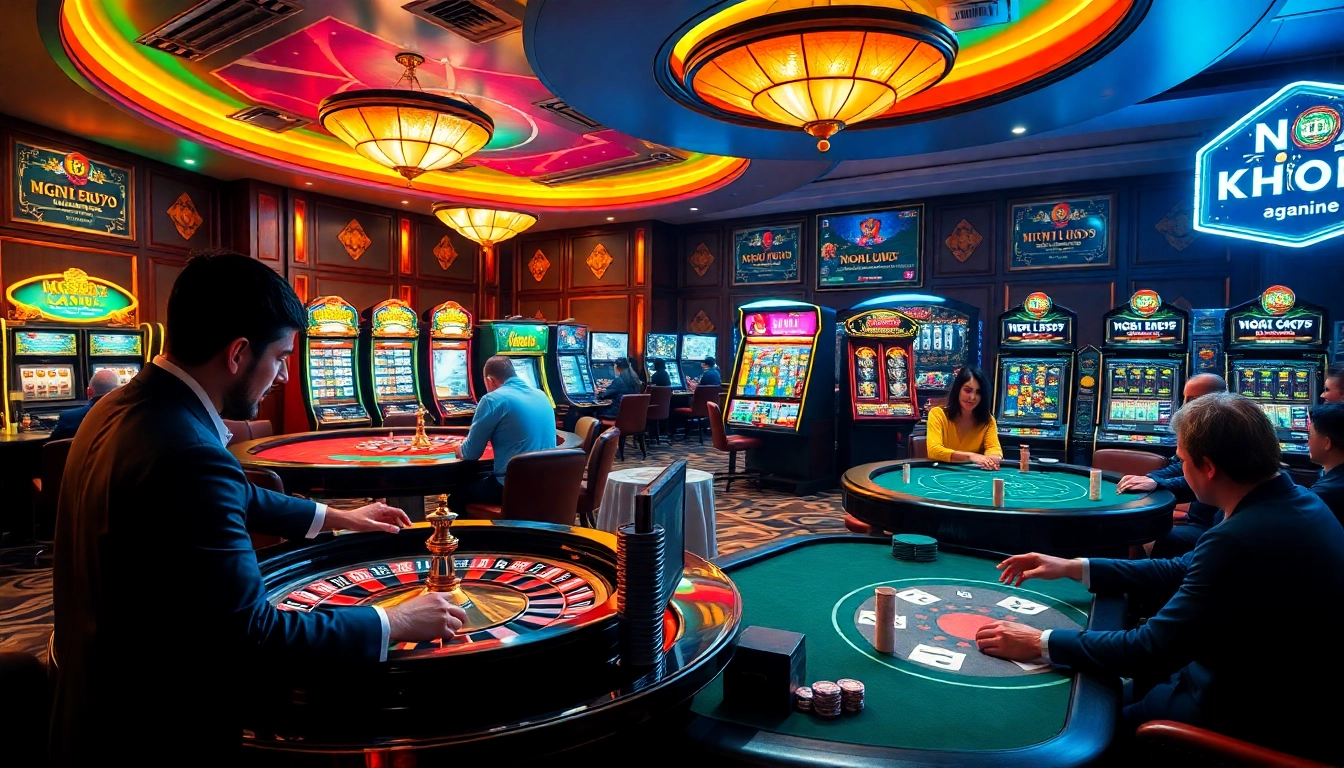 Experience the thrilling gaming atmosphere of NOHU90, featuring high-stakes poker and vibrant slot machines.