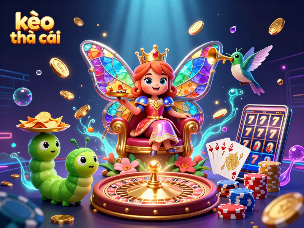 Engage with kèo nhà cái through a vibrant scene showcasing a butterfly queen surrounded by dazzling casino elements.