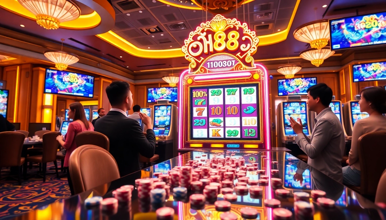 Nổ hũ DH88 engaging players with exciting slot machine action in a vibrant casino.