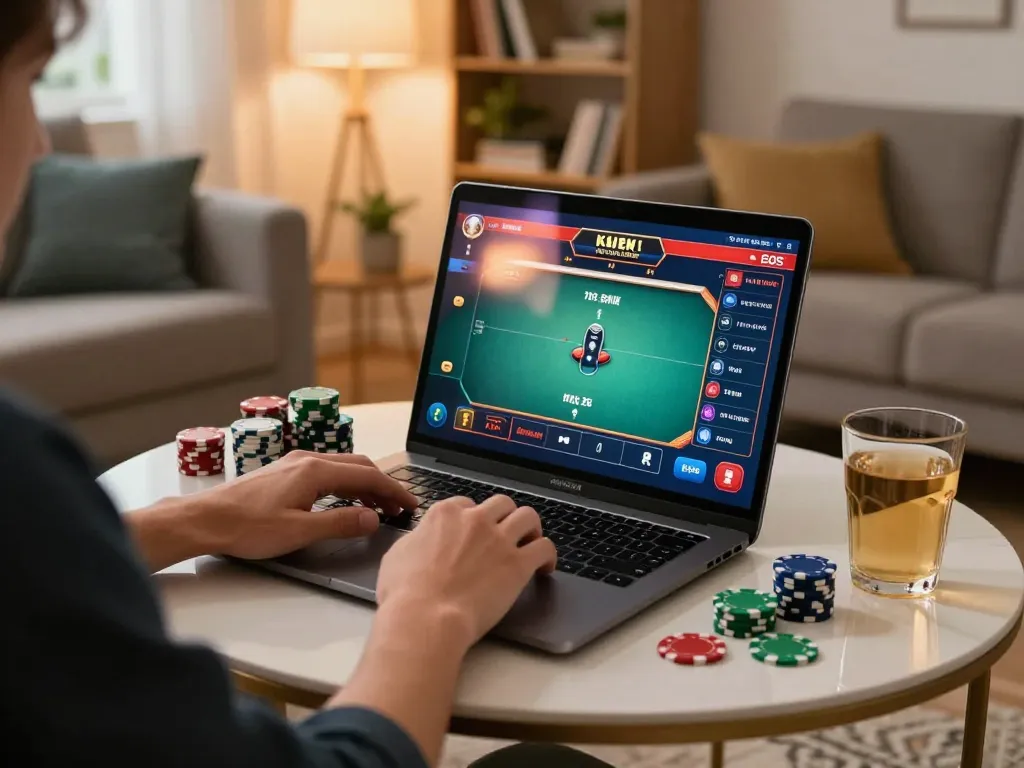 Player enjoying ALO8 online poker gaming experience in a cozy home setup.