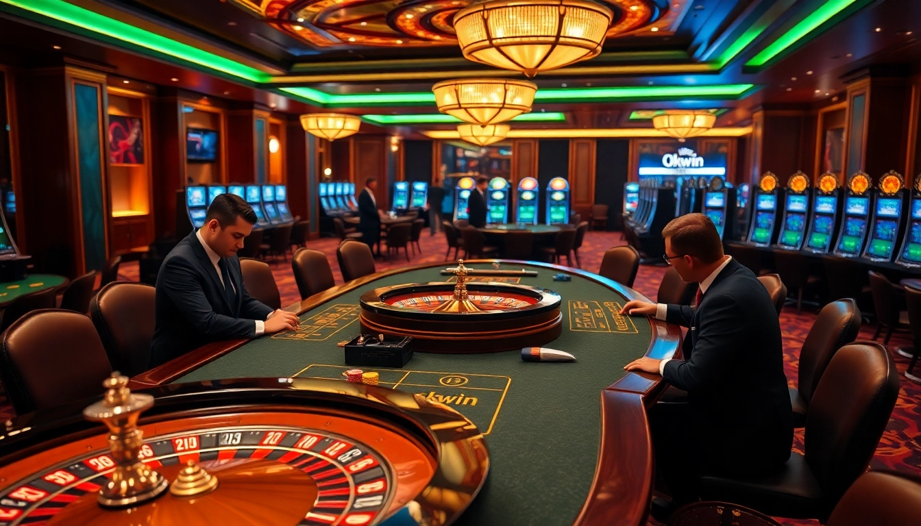 Okwin casino table featuring vibrant poker chips and a luxurious ambiance for an engaging gambling experience.