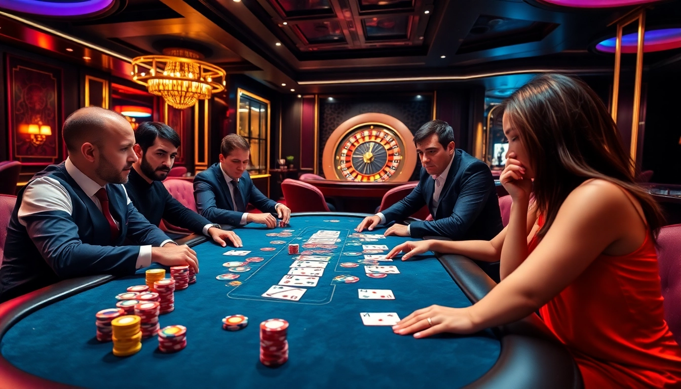 Exciting poker scene reflecting the thrilling atmosphere of https://uu88.blog/ with professional players and casino elements.