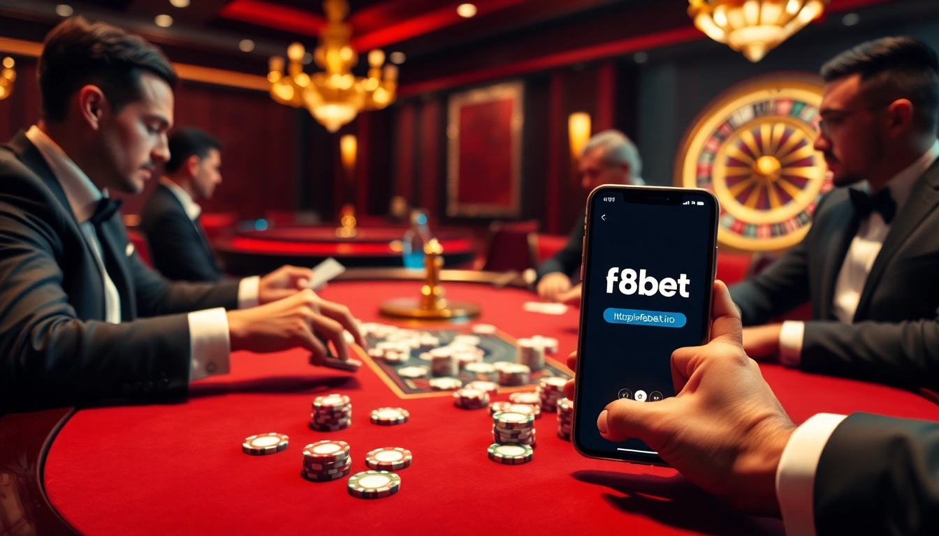 Engaging in high-stakes poker at a luxurious casino table, inspired by https://f8bet.io/.