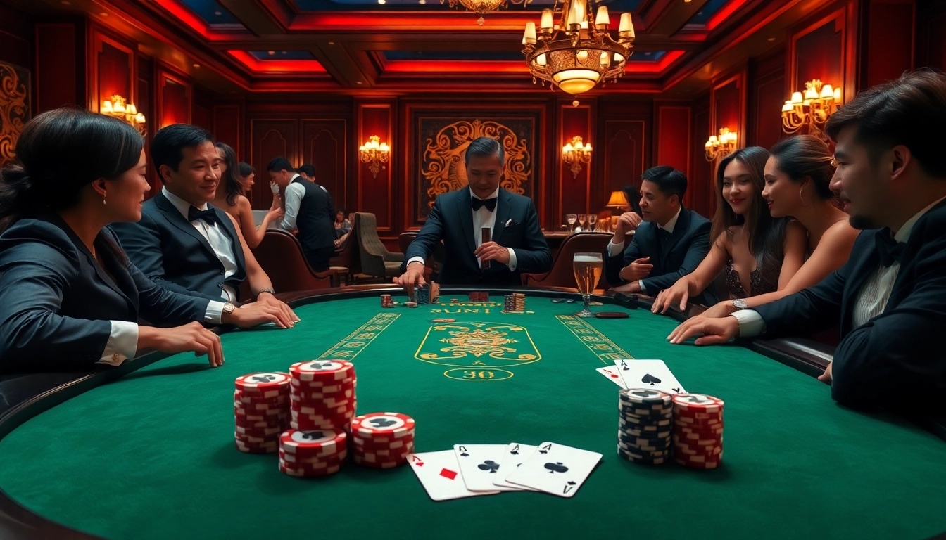 Nha cái uy tín 32win showcasing an elegant gaming scene with blackjack players and polished casino elements.