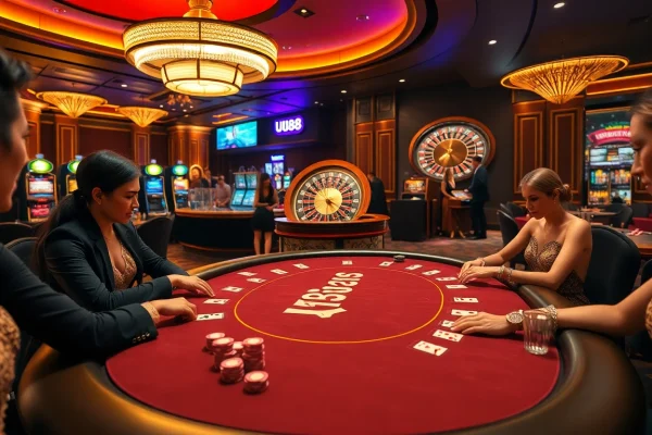 Players strategizing at a UU88-themed casino poker table amidst vibrant gaming elements.