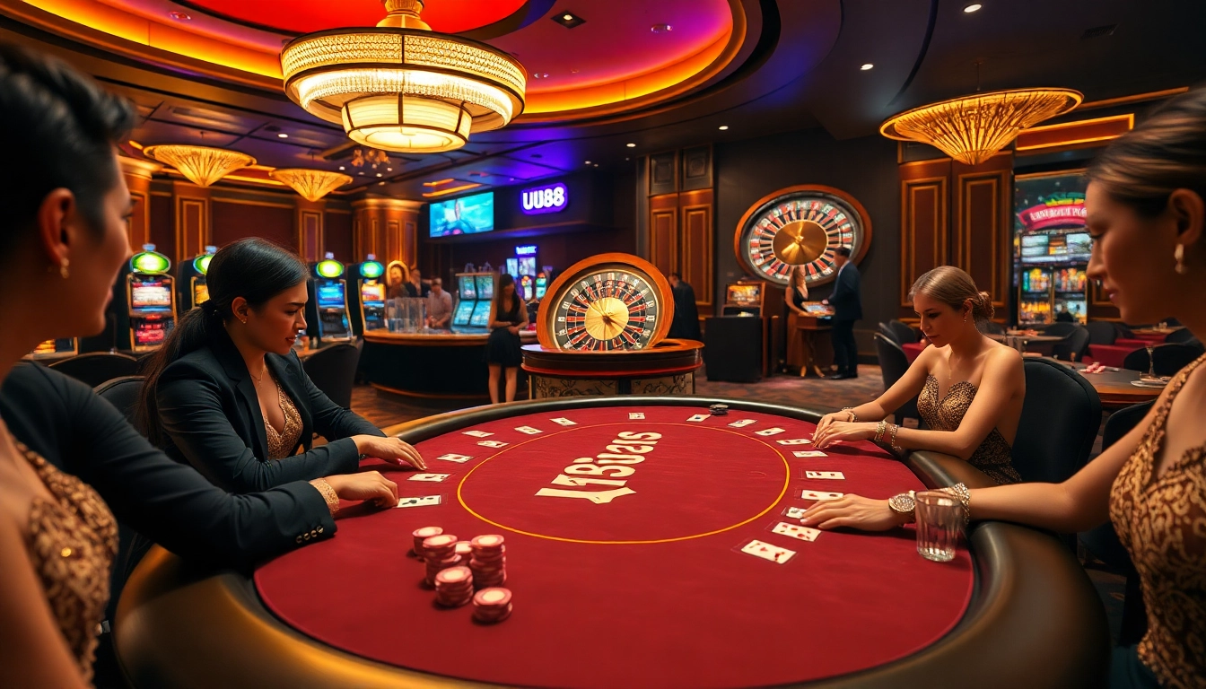 Players strategizing at a UU88-themed casino poker table amidst vibrant gaming elements.
