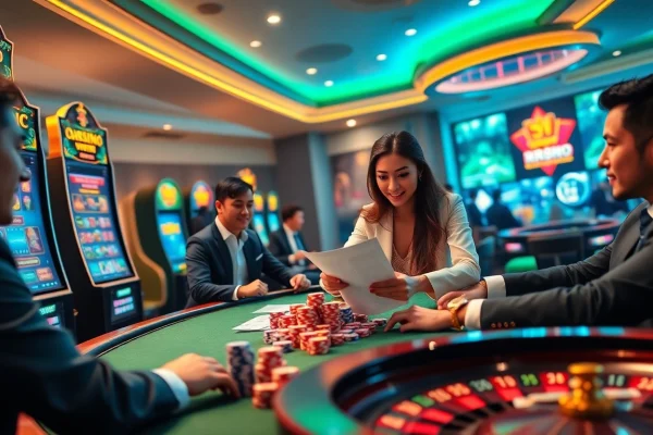 High-stakes gaming at RR888 with vibrant slot machines, poker tables, and betting excitement.