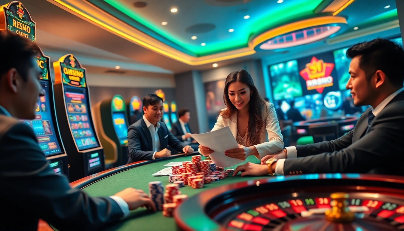 High-stakes gaming at RR888 with vibrant slot machines, poker tables, and betting excitement.