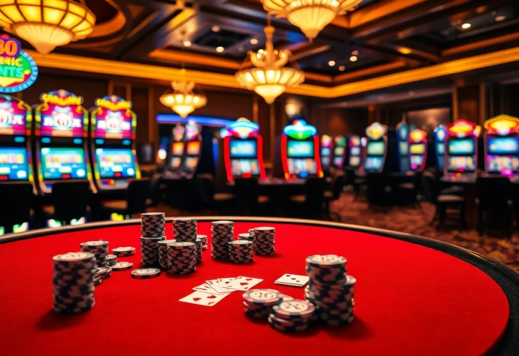 Engage with the thrill of sunwin at a luxurious poker table surrounded by vibrant slot machines.