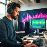 Engaging scene of online mastering in a vibrant music studio featuring advanced audio equipment.