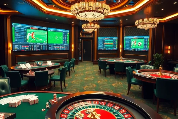 Kèo bóng đá betting table surrounded by excited sports enthusiasts in a luxurious casino environment.