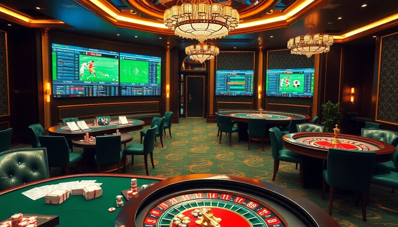 Kèo bóng đá betting table surrounded by excited sports enthusiasts in a luxurious casino environment.