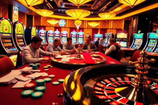 The excitement of high-stakes poker at https://23win.cooking/, featuring players, cards, and vibrant casino lights.