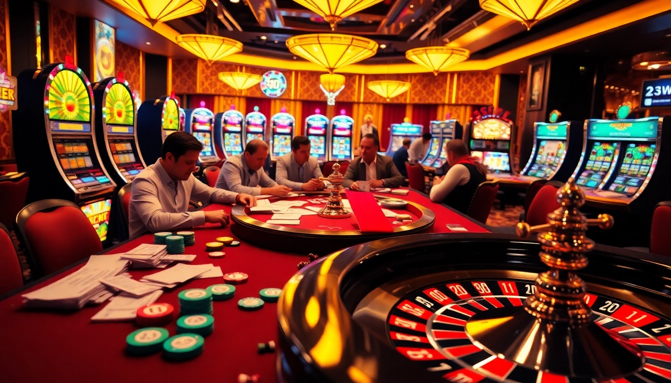 The excitement of high-stakes poker at https://23win.cooking/, featuring players, cards, and vibrant casino lights.