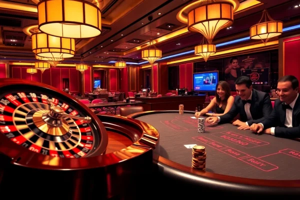 Players enjoying the nk88 game at an upscale casino with vibrant roulette and poker action.
