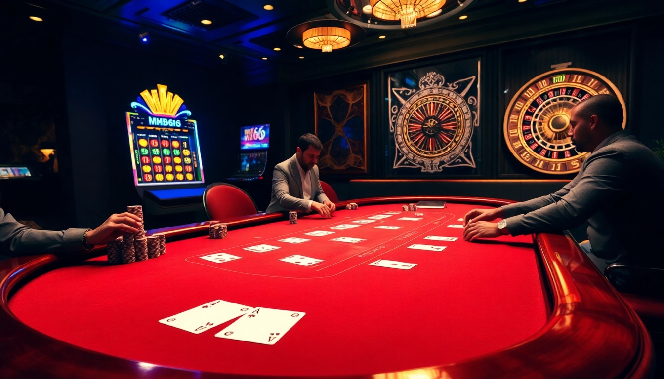 Experience mb66 at an elegant casino table, enhancing your gambling excitement with blackjack and slots.