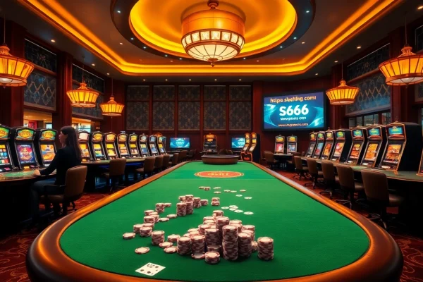 Sizzling action at https://s666hn.com/ casino tables, showcasing poker chips, cards, and illuminated slot machines.