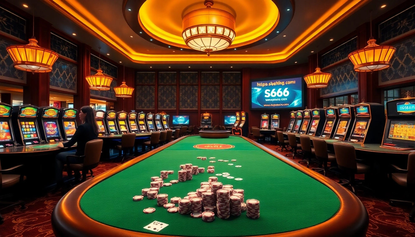 Sizzling action at https://s666hn.com/ casino tables, showcasing poker chips, cards, and illuminated slot machines.