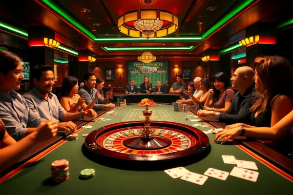 Players enjoying intense moments at https://32wincasino.com/ casino table, surrounded by poker chips and cards.