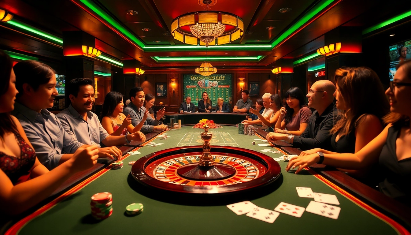 Players enjoying intense moments at https://32wincasino.com/ casino table, surrounded by poker chips and cards.