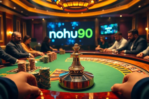 Players strategizing bets at a luxury casino table, featuring nohu90.