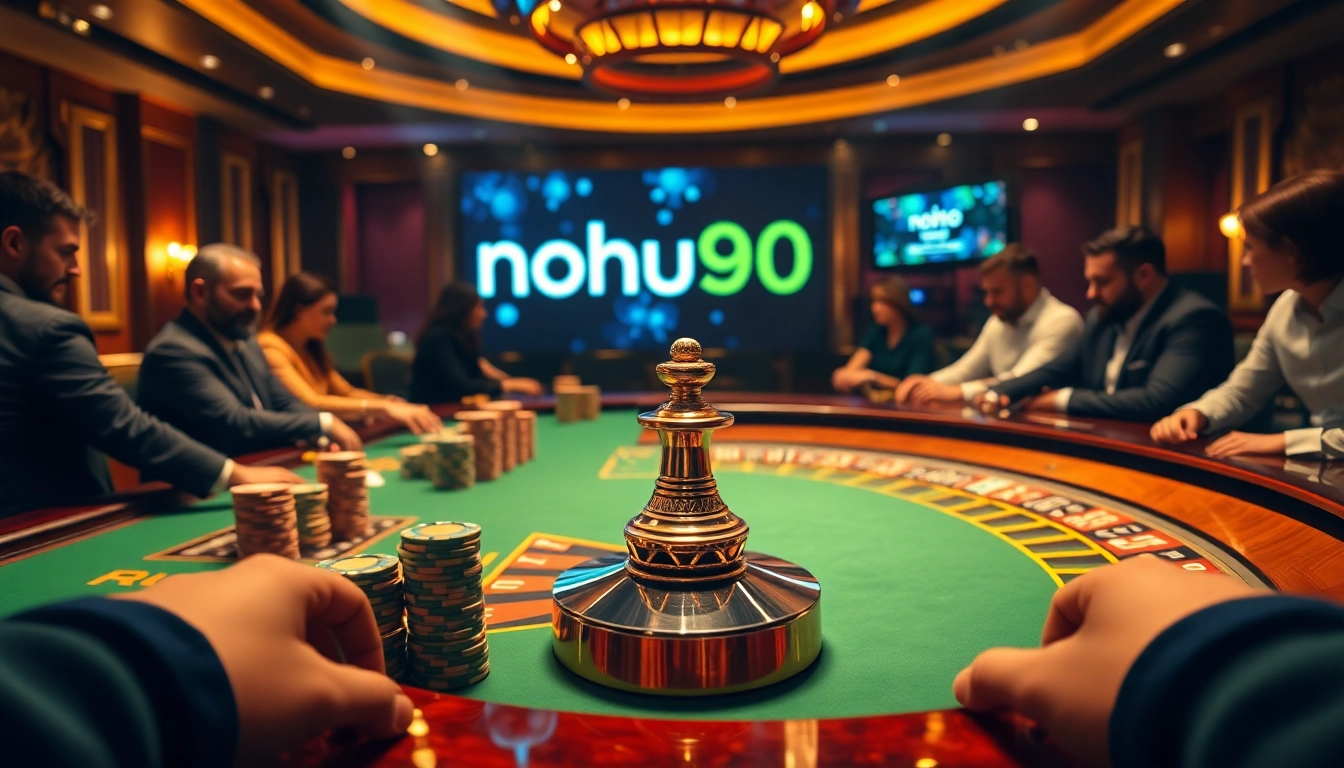 Players strategizing bets at a luxury casino table, featuring nohu90.