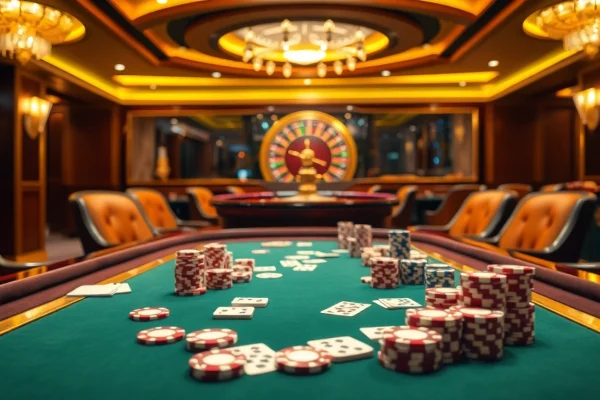 Players engaging in high-stakes poker at qq88 casino, showcasing excitement and luxury.