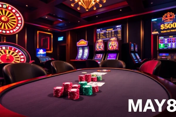 MAY88 online casino featuring vibrant poker chips and a glowing roulette wheel in an exciting gambling atmosphere.