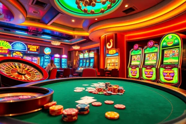 Experience the excitement of GO8 with players at a high-stakes poker table and vibrant gaming machines.