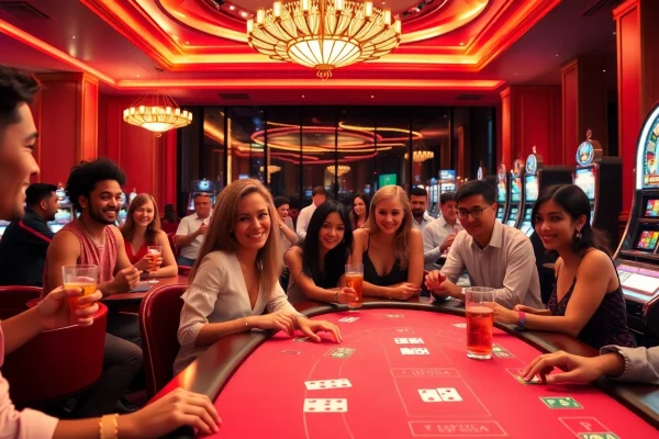Exciting gaming scene at go8 with diverse players enjoying a luxurious casino atmosphere.