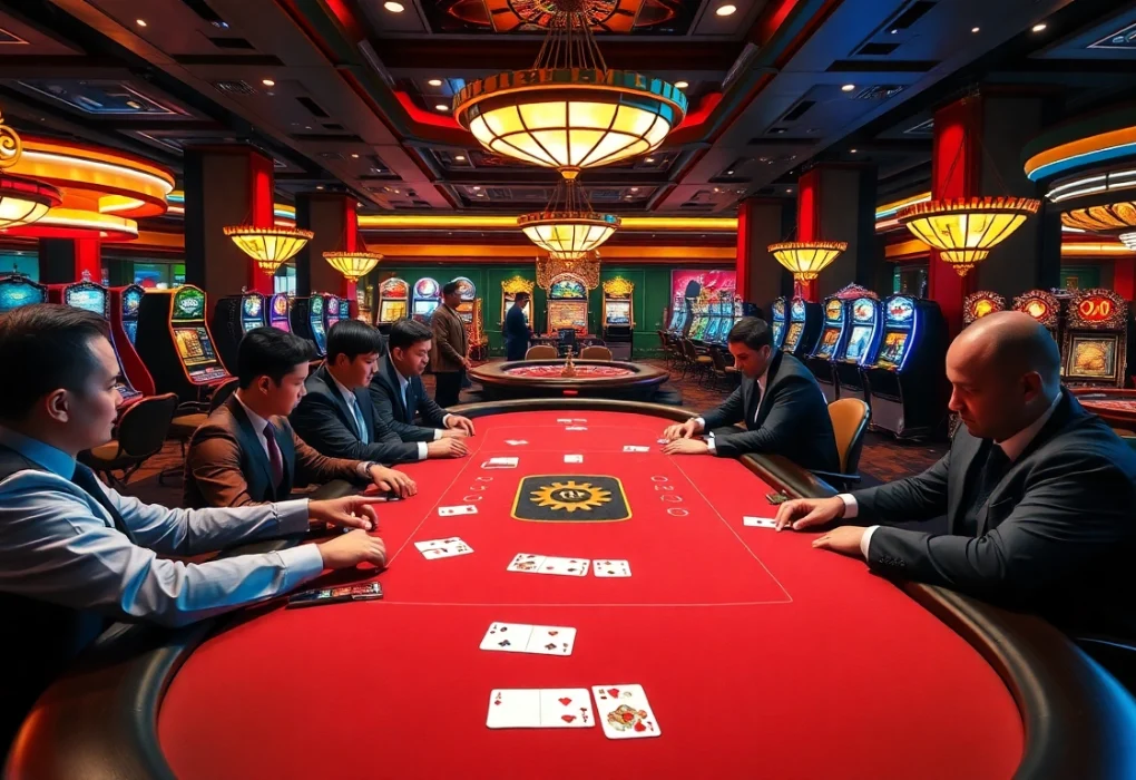 Engaging in high-stakes poker at LC88 casino with vibrant gaming ambiance.