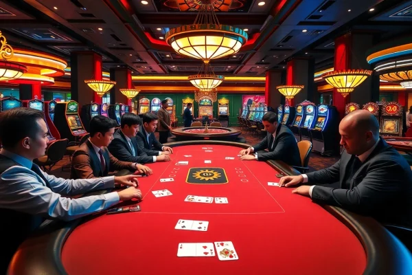 Engaging in high-stakes poker at LC88 casino with vibrant gaming ambiance.