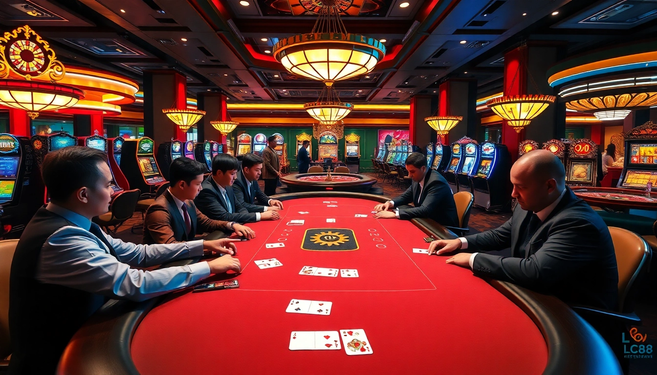 Engaging in high-stakes poker at LC88 casino with vibrant gaming ambiance.