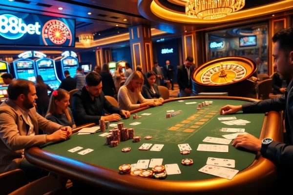 Action-packed poker scene at 88bet with chips, cards, and a roulette wheel.