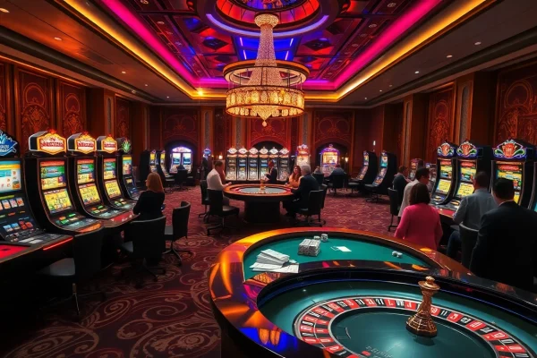 Players engaging in high-stakes gambling at a luxurious casino with vibrant atmosphere, inspired by https://188v.bz/.