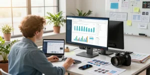 Marketer analyzing data on xn88nano.com in a bright office workspace filled with marketing materials.