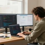 Interactive tech workspace highlighting c88nano.com coding practices, featuring a developer at dual screens, creating applications in a vibrant atmosphere.