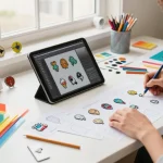 Designer creating custom acrylic pins in a colorful studio with design tools and finished examples.