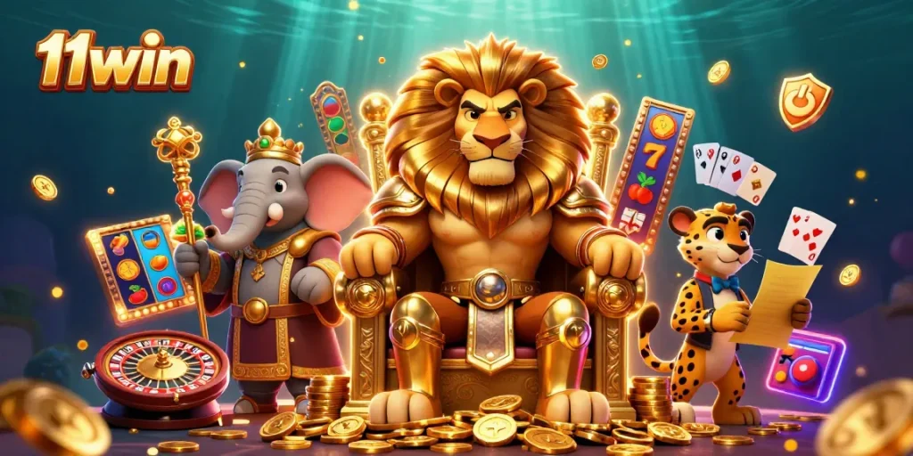 Engage in the fun with 11win as casino elements surround a lion king, elephant advisor, and cheetah messenger.