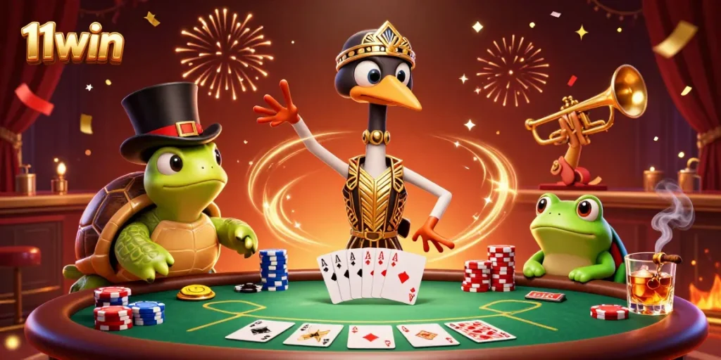 Experience the vibrant energy of 11win’s roaring twenties casino scene with poker action and festive decor.