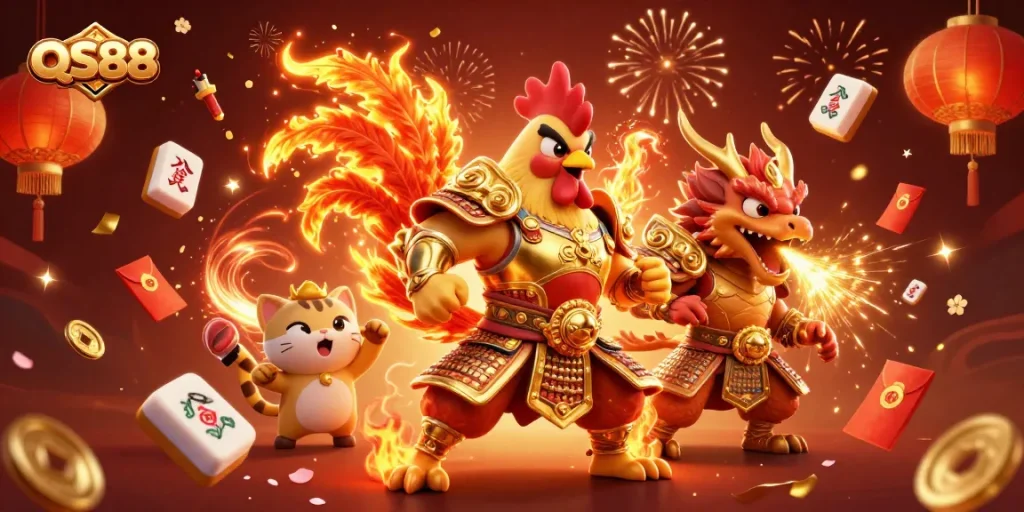 Experience the thrill of QS88 with a dynamic scene of casino elements and colorful characters.