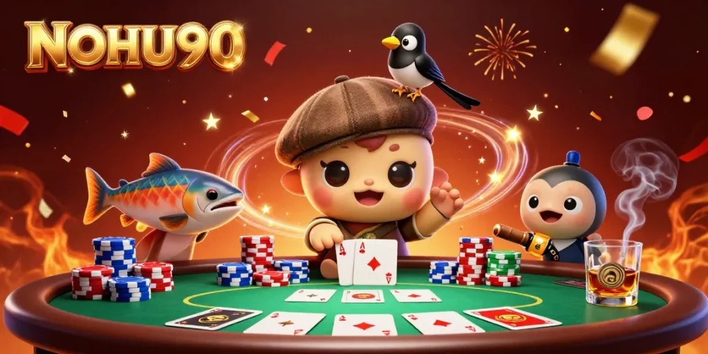 Experience the thrill of NOHU90 with a vibrant 3D illustration featuring Nessie and poker elements.